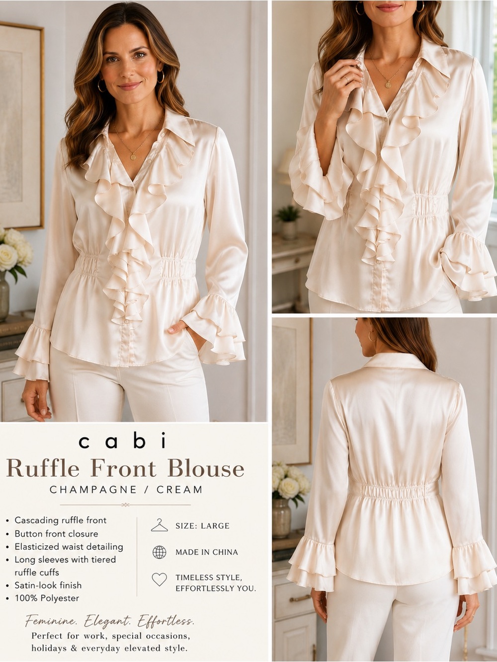 CAbi Ruffled Blouse Champagne Cream Satin Feel Bell Sleeve Size L Cottage Core